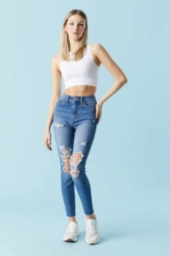Medium Wash Distressed Denim Capri