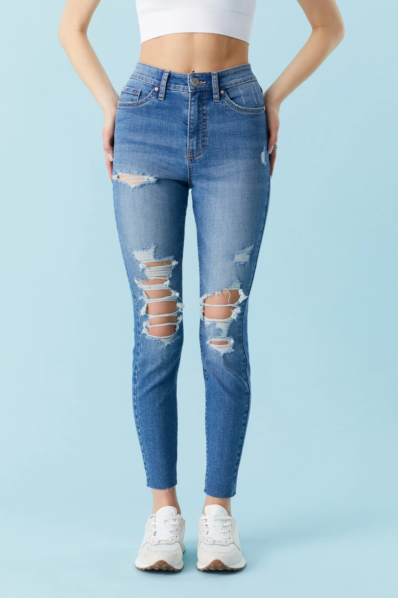 Medium Wash Distressed Denim Capri 2 Medium Wash Distressed Denim Capri - Image 2