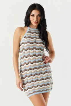 Printed Crochet Knit Halter Neck Mini Dress