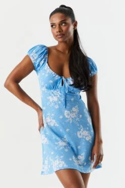 Blue Floral Front Tie Milkmaid Dress