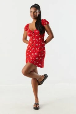 Red Floral Front Tie Milkmaid Dress 5 Red Floral Front Tie Milkmaid Dress -Deals Drape & Denim Store 053048283602 60 2