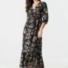Black Floral Print V-Neck Long Sleeve Maxi Dress