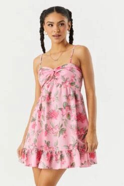 Pink Floral Front Twist Babydoll Dress