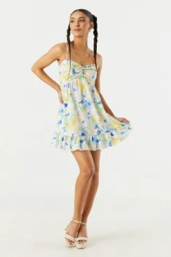 Blue And Yellow Floral Front Twist Babydoll Dress -Deals Drape & Denim Store 053226313715 67 2
