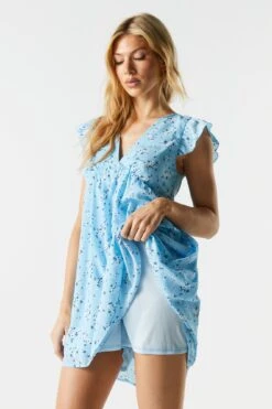 Blue Floral V-Neck Babydoll Dress -Deals Drape & Denim Store 053231813728 48 3