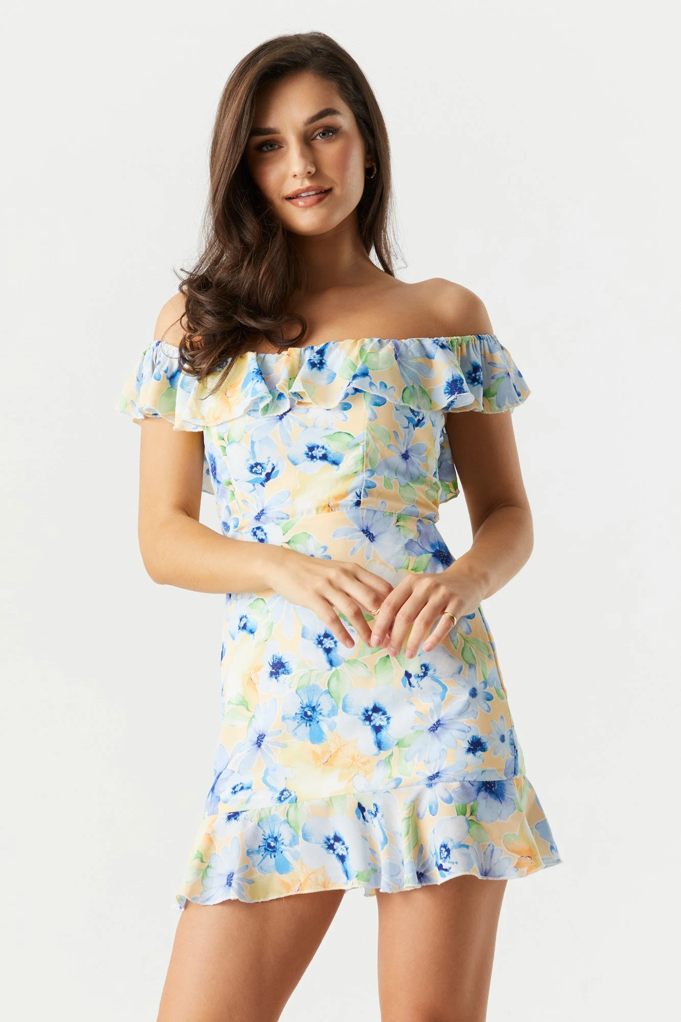 Blue And Yellow Floral Off Shoulder Dress 1 Blue And Yellow Floral Off Shoulder Dress