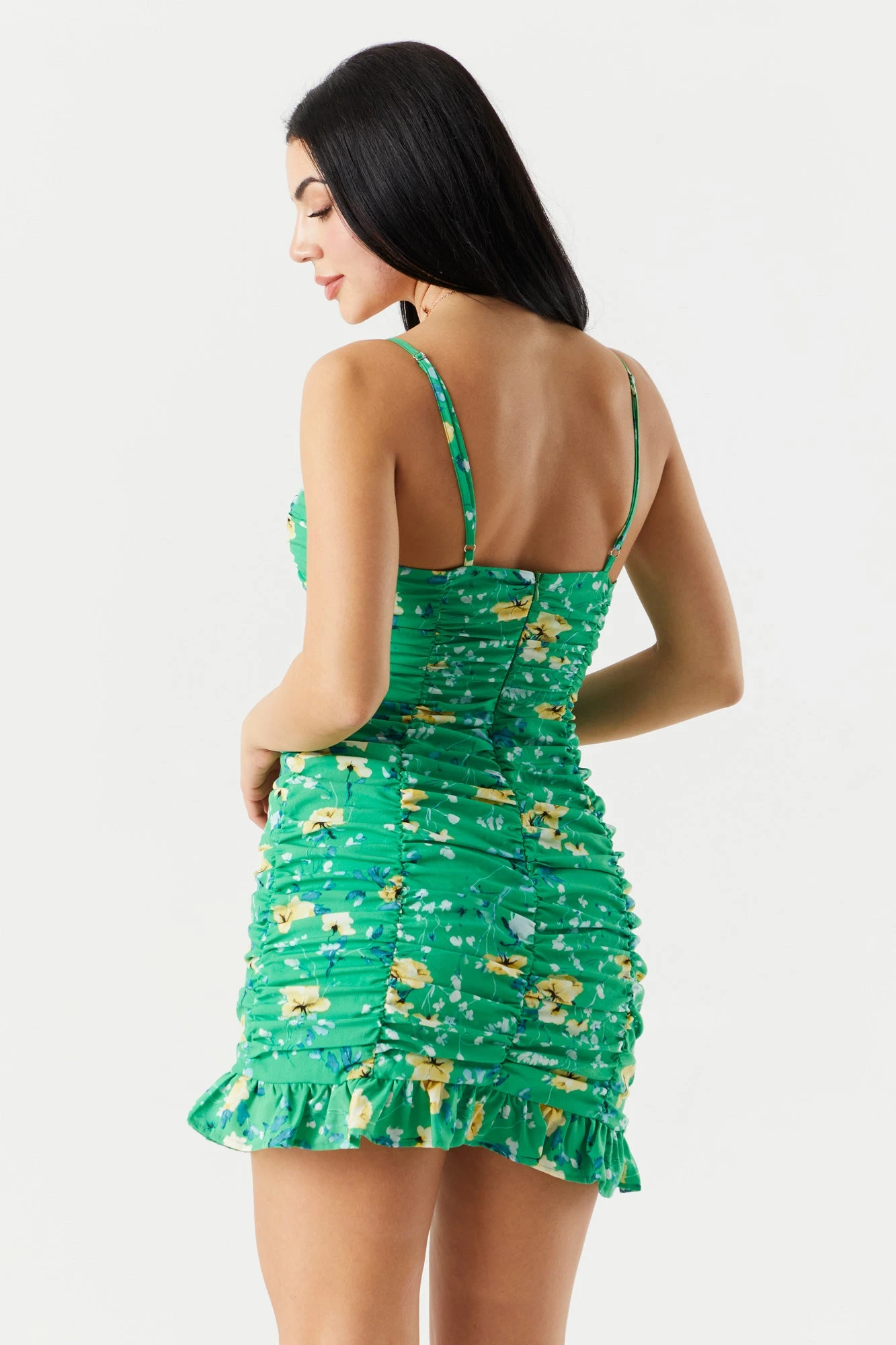 Green Floral Sweetheart Ruched Mini Dress 2 Green Floral Sweetheart Ruched Mini Dress - Image 2