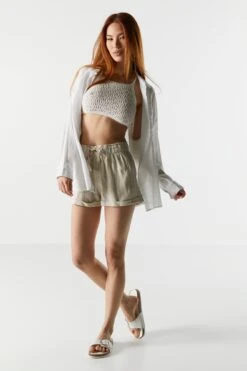High Rise Linen Drawstring Short -Deals Drape & Denim Store 053465532200 64 2 1