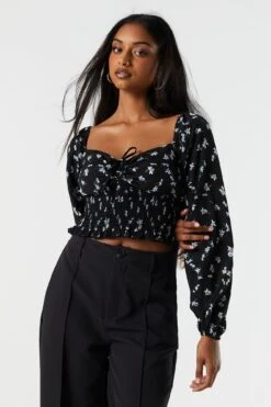 Black Floral Smocked Milkmaid Top