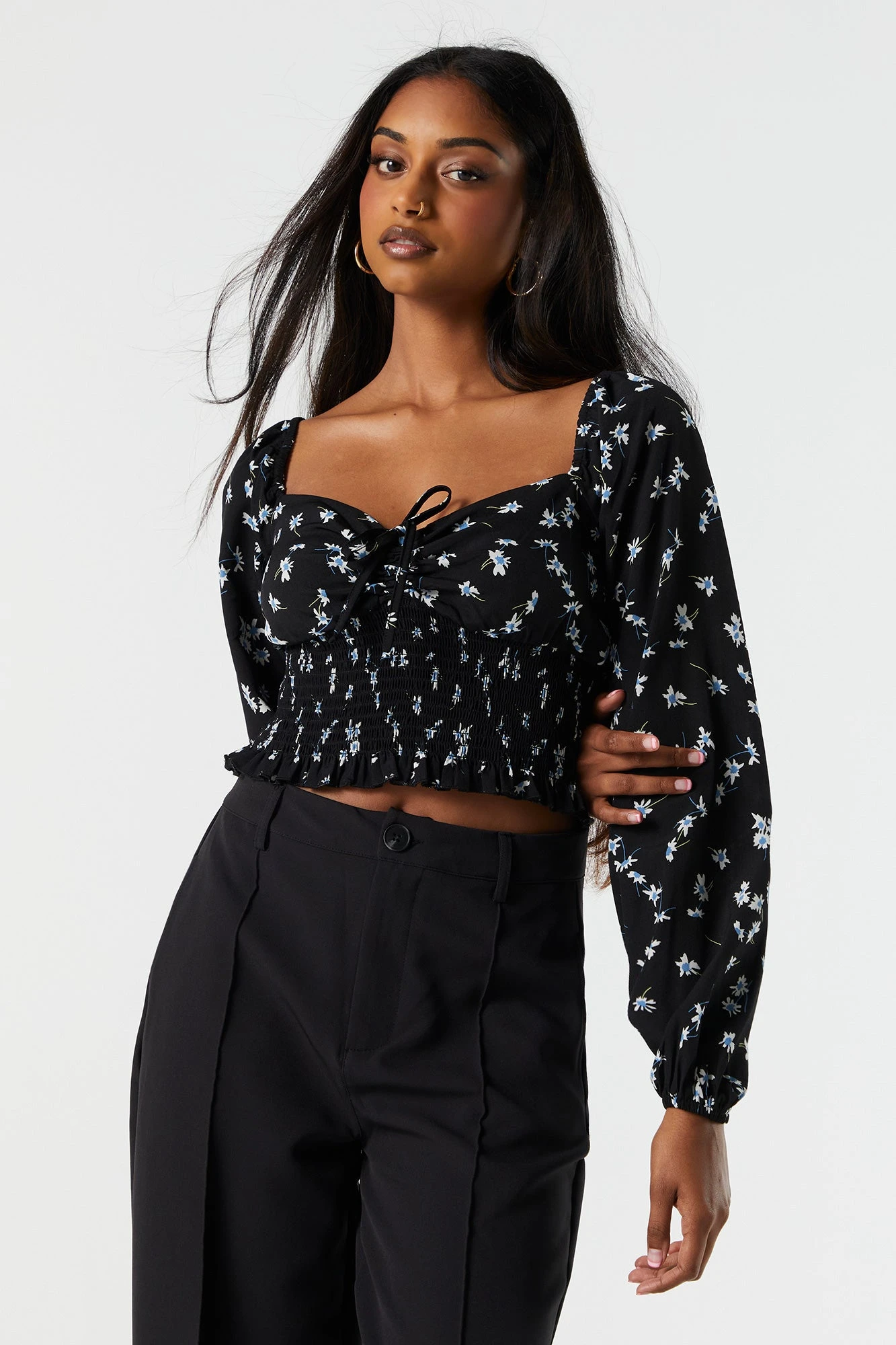 Black Floral Smocked Milkmaid Top 1 Black Floral Smocked Milkmaid Top