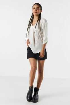 Pinstriped Satin V-Neck Blouse -Deals Drape & Denim Store 070231831340 25 2