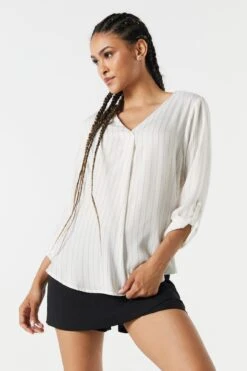Pinstriped Satin V-Neck Blouse