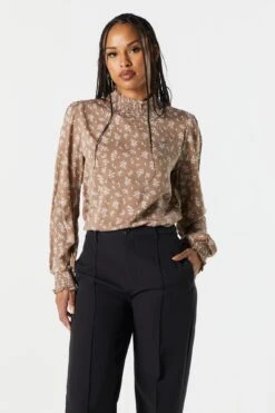 Brown Floral Mock Neck Blouse