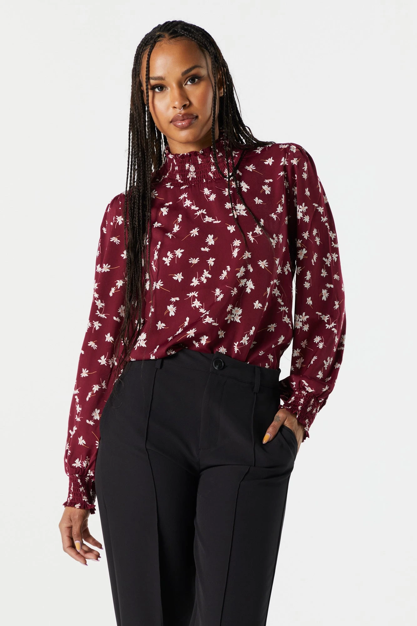 Burgundy Floral Mock Neck Blouse 1 Burgundy Floral Mock Neck Blouse