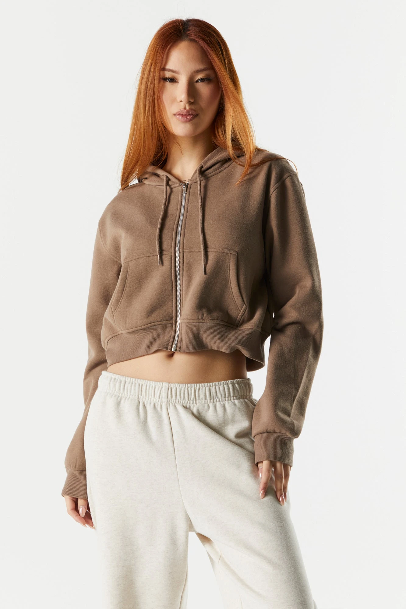 Solid Fleece Cropped Zip-Up Hoodie 4 Solid Fleece Cropped Zip-Up Hoodie - Image 4