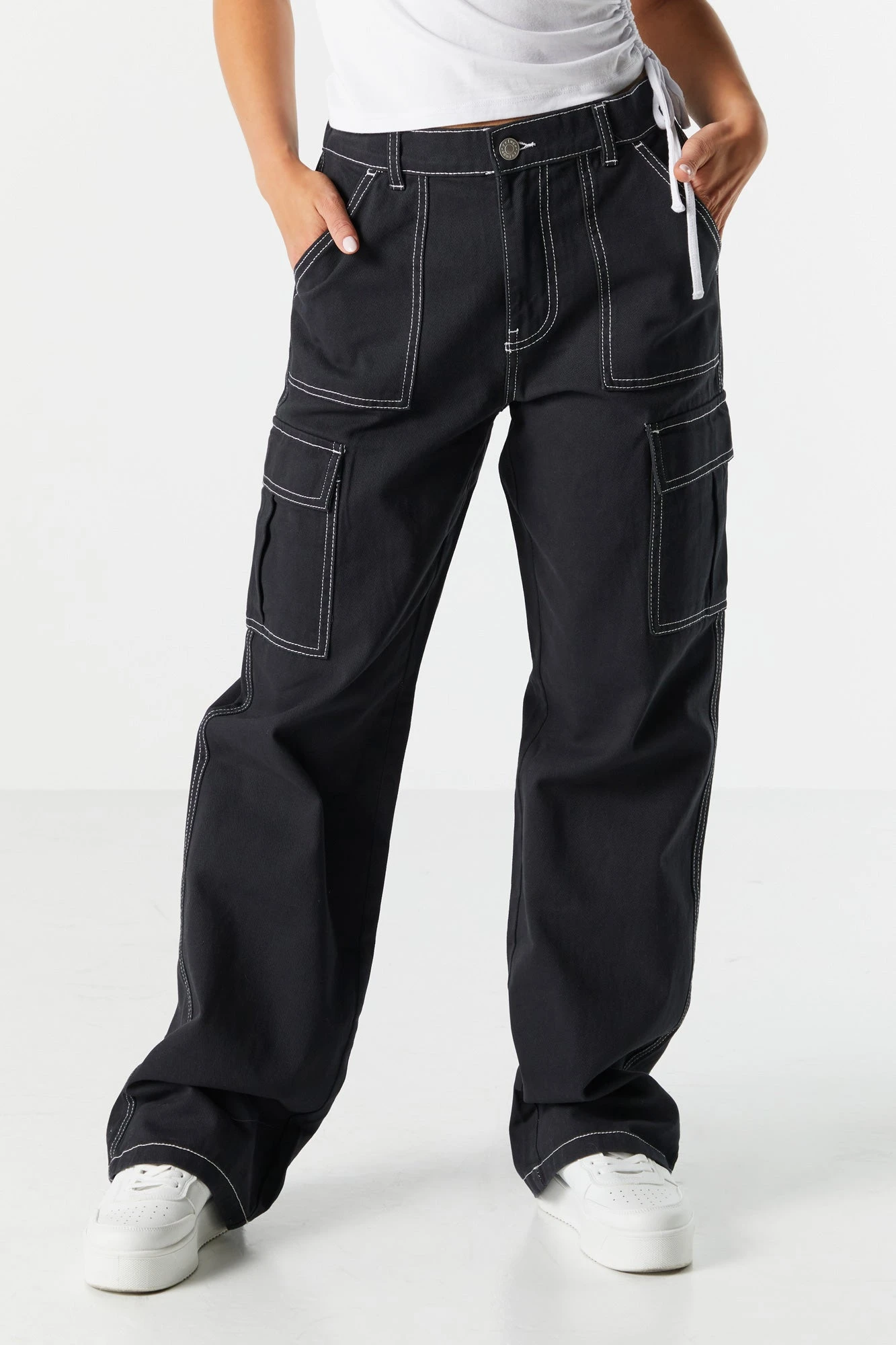 Contrast Stitch Elastic Waist Straight Leg Cargo Jean 2 Contrast Stitch Elastic Waist Straight Leg Cargo Jean - Image 2