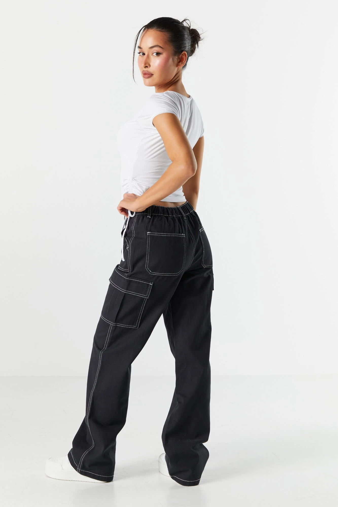 Contrast Stitch Elastic Waist Straight Leg Cargo Jean 3 Contrast Stitch Elastic Waist Straight Leg Cargo Jean - Image 3