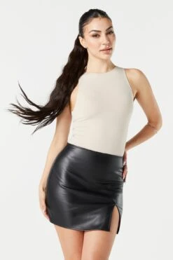 Faux Leather Slit Mini Skirt
