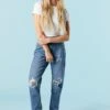 Dark Wash Distressed Mom Jean