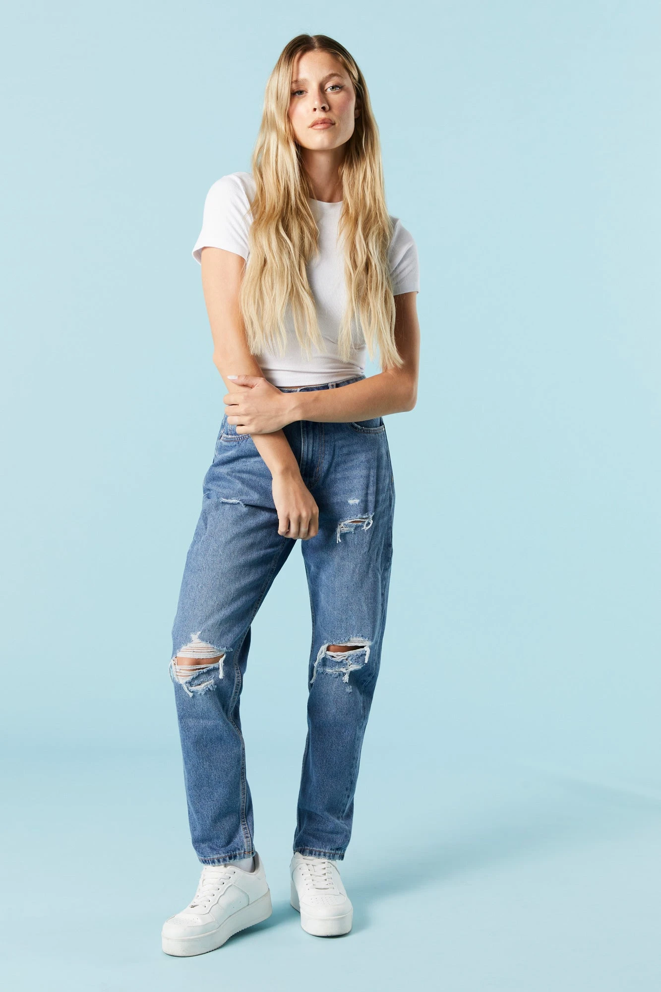 Dark Wash Distressed Mom Jean 1 Dark Wash Distressed Mom Jean