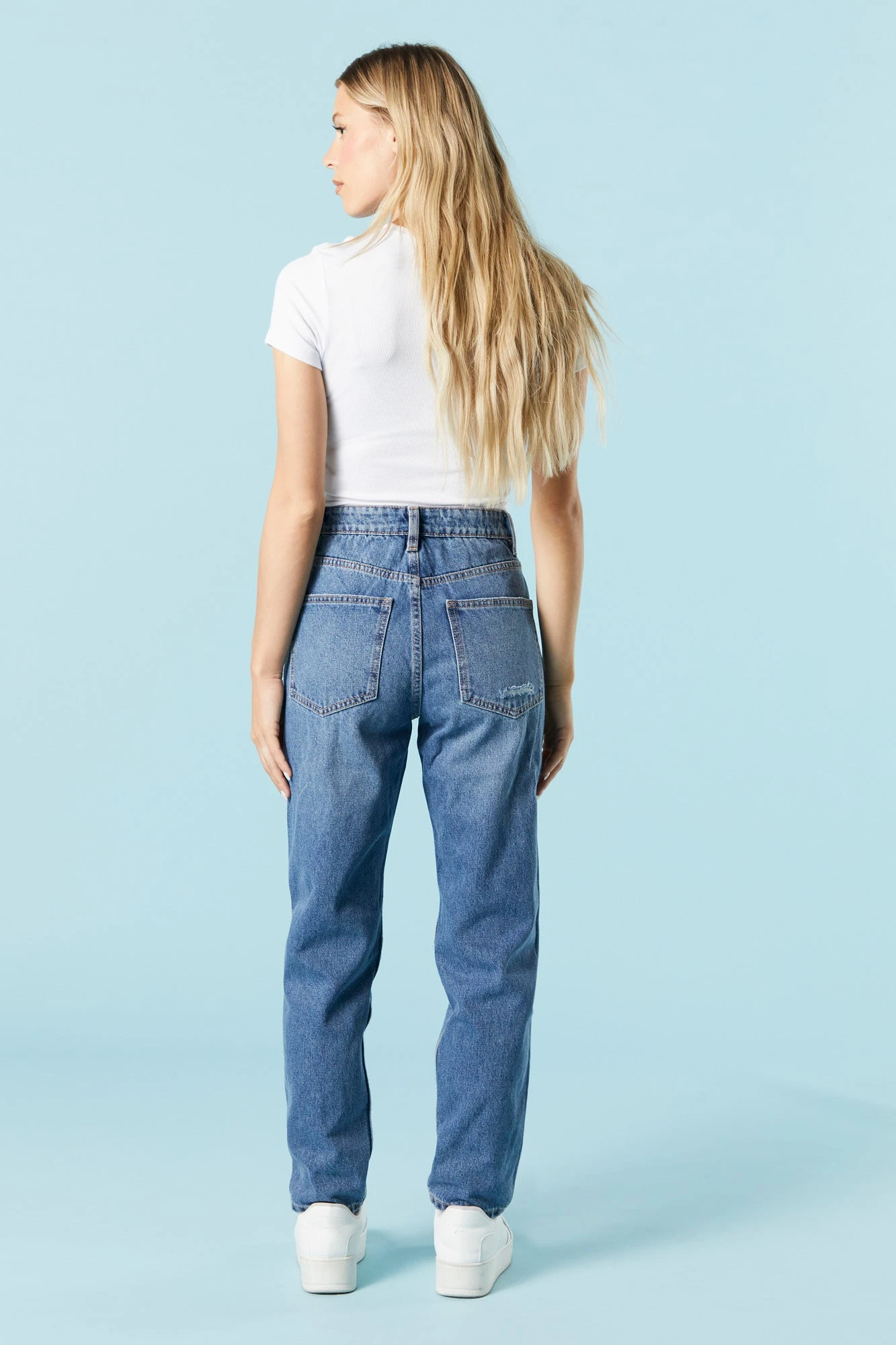 Dark Wash Distressed Mom Jean 3 Dark Wash Distressed Mom Jean - Image 3