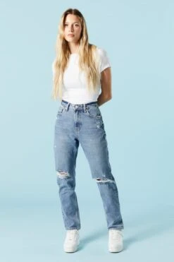 Medium Wash Distressed Mom Jean