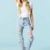 Light Wash Heavy Distressed Mom Jean