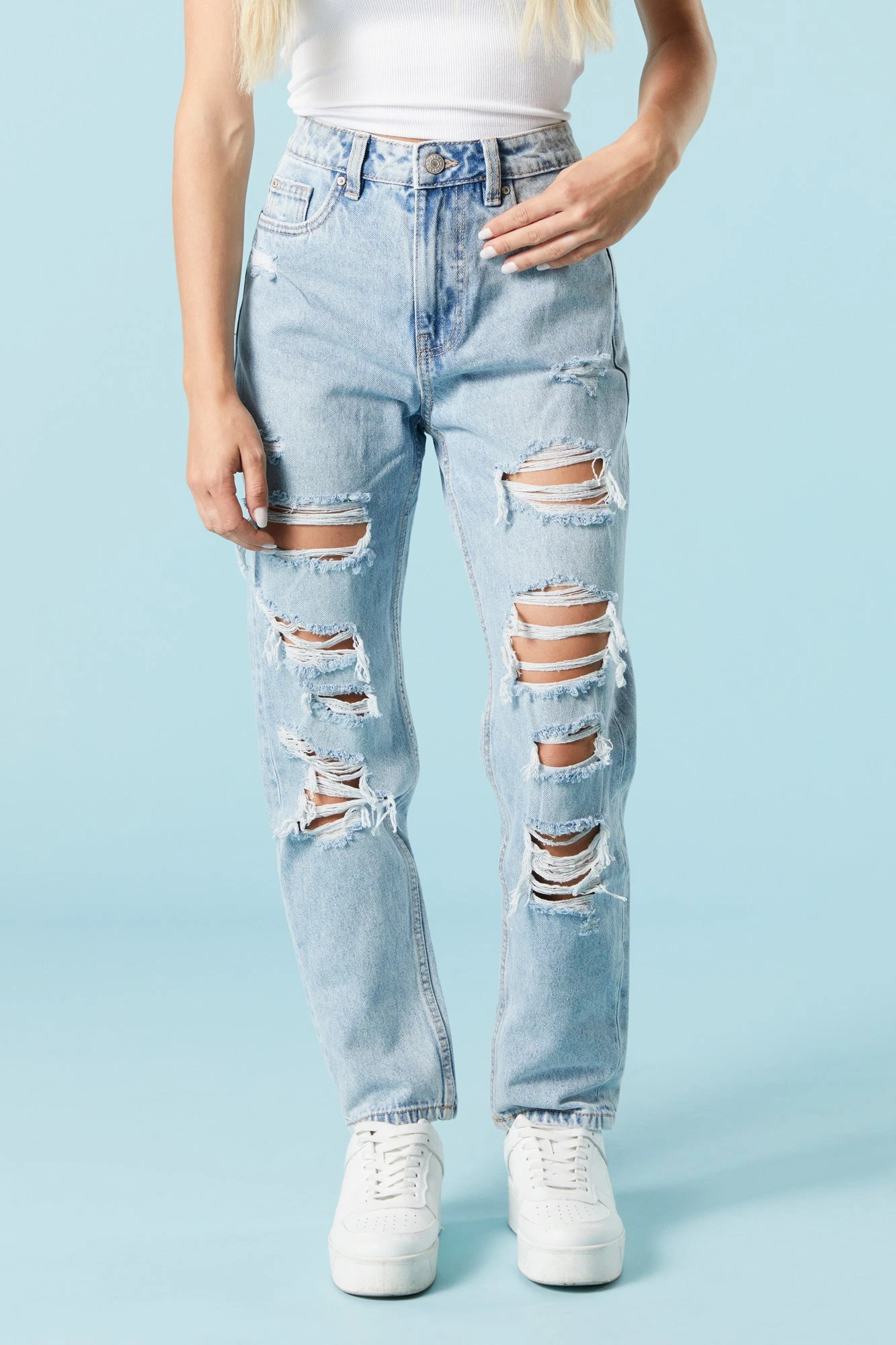 Light Wash Heavy Distressed Mom Jean 2 Light Wash Heavy Distressed Mom Jean - Image 2