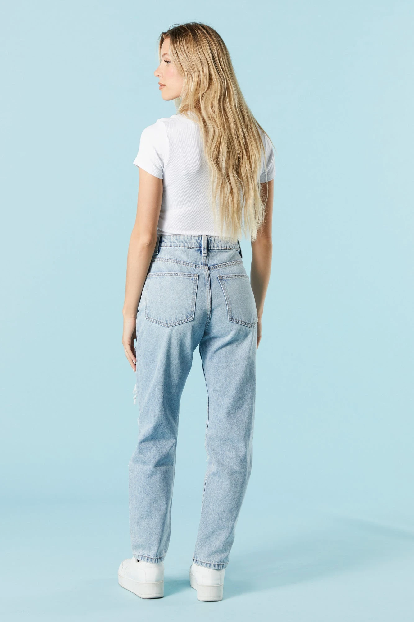 Light Wash Heavy Distressed Mom Jean 3 Light Wash Heavy Distressed Mom Jean - Image 3