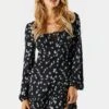 Black Floral Long Sleeve Milkmaid Dress