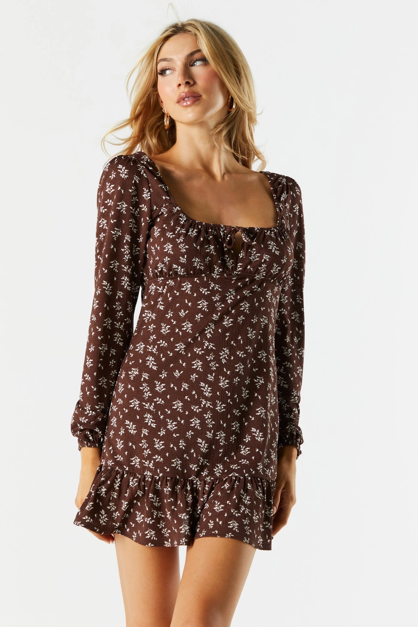Brown Floral Long Sleeve Milkmaid Dress 1 Brown Floral Long Sleeve Milkmaid Dress