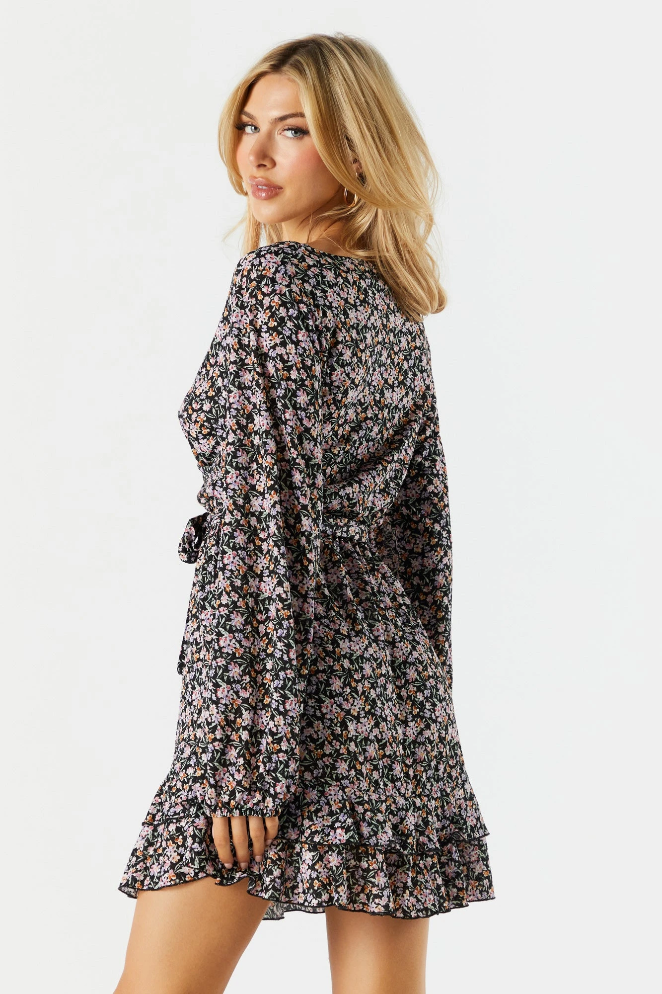 Black Floral Tiered Wrap Dress 2 Black Floral Tiered Wrap Dress - Image 2