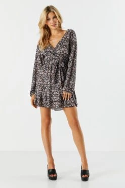 Black Floral Tiered Wrap Dress 8 Black Floral Tiered Wrap Dress -Deals Drape & Denim Store 073048284482 01 2