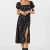 Black Floral Slit Milkmaid Midi Dress