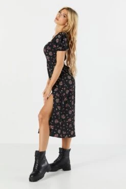 Black Floral Slit Milkmaid Midi Dress -Deals Drape & Denim Store 073103031076 01 2