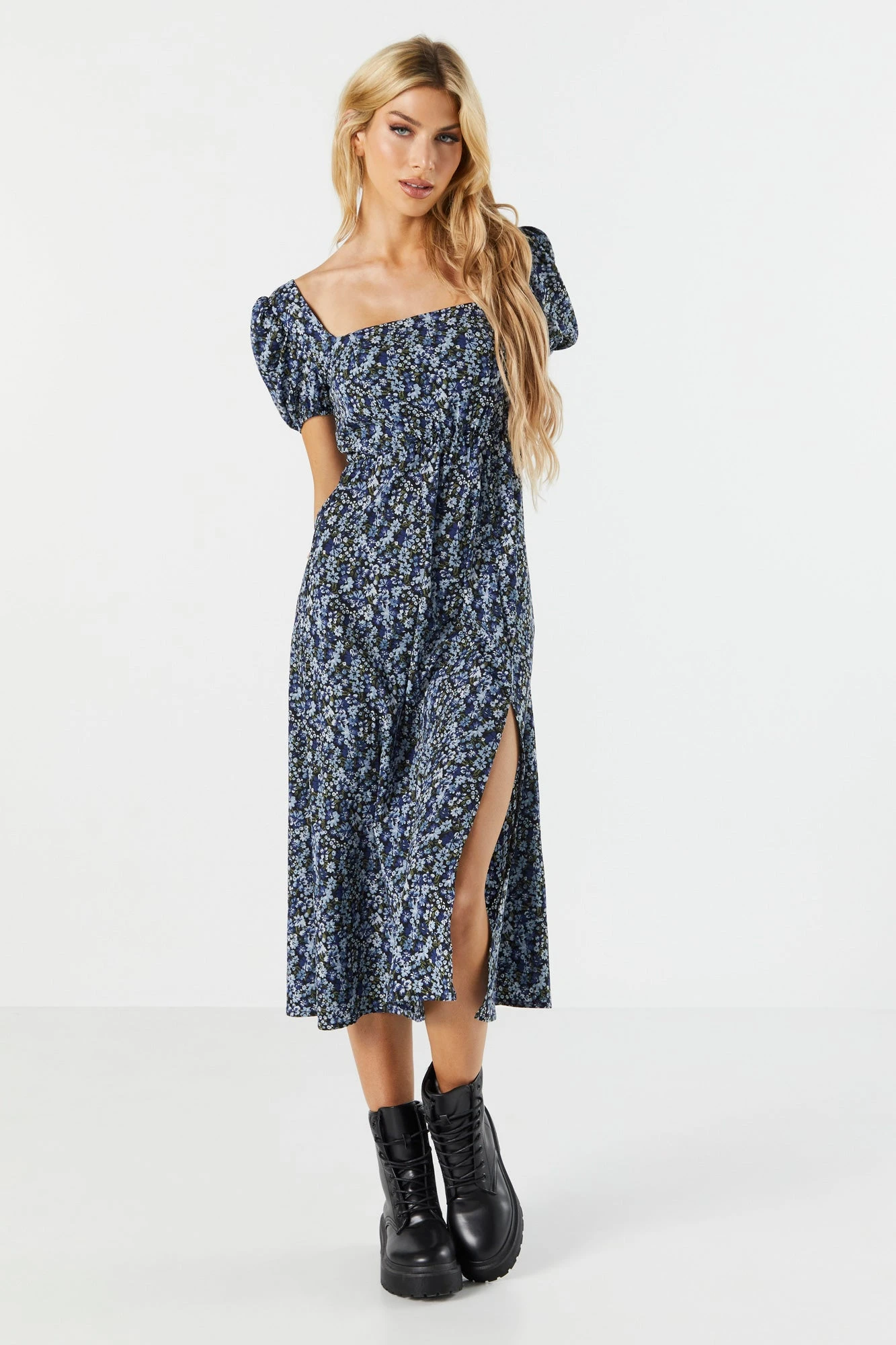 Blue Floral Slit Milkmaid Midi Dress 1 Blue Floral Slit Milkmaid Midi Dress