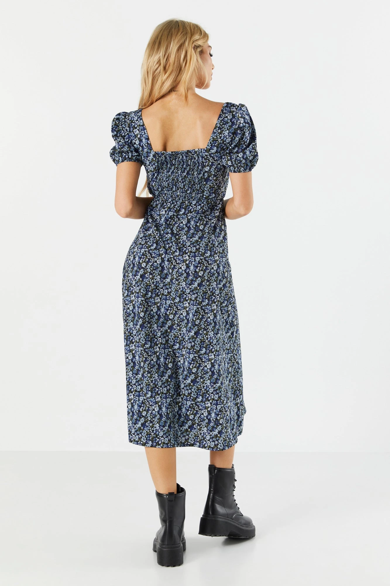 Blue Floral Slit Milkmaid Midi Dress 2 Blue Floral Slit Milkmaid Midi Dress - Image 2