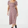 Purple Floral Slit Milkmaid Midi Dress