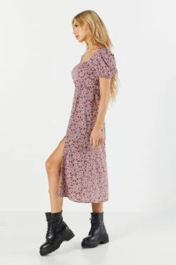 Purple Floral Slit Milkmaid Midi Dress -Deals Drape & Denim Store 073103031076 55 2