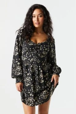 Black Smocked Milkmaid Long Sleeve Dress