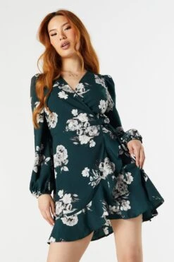 Floral Print Long Sleeve Wrap Dress
