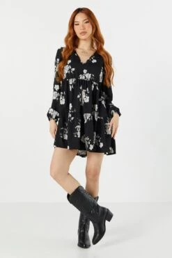 Black Floral Long Sleeve Tiered Babydoll Dress -Deals Drape & Denim Store 073226313743 01 2