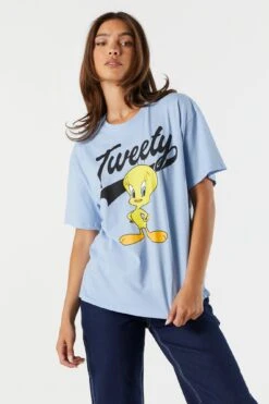 Blue Tweety Bird Graphic Boyfriend T-Shirt