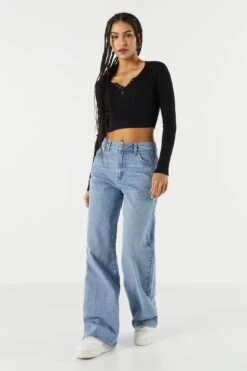 Ribbed Henley Snap-Button Crop Top -Deals Drape & Denim Store 078557905731 01 2