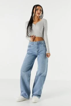 Ribbed Henley Snap-Button Crop Top -Deals Drape & Denim Store 078557905731 04 2