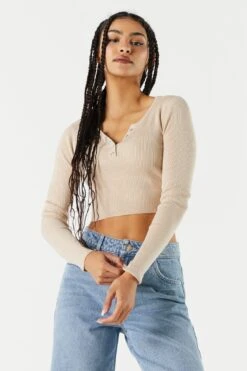 Ribbed Henley Snap-Button Crop Top