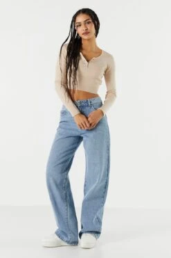 Ribbed Henley Snap-Button Crop Top -Deals Drape & Denim Store 078557905731 24 2