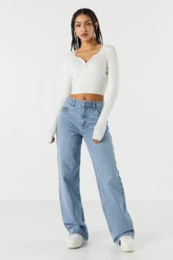 Ribbed Henley Snap-Button Crop Top -Deals Drape & Denim Store 078557905731 35 2