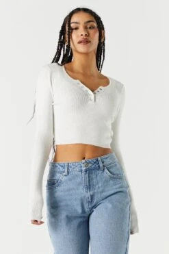 Ribbed Henley Snap-Button Crop Top -Deals Drape & Denim Store 078557905731 35