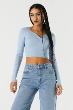 Ribbed Henley Snap-Button Crop Top -Deals Drape & Denim Store 078557905731 45